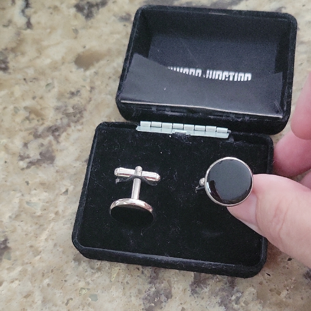 Black and Silver Cuff Links with Velvet Presentation Box